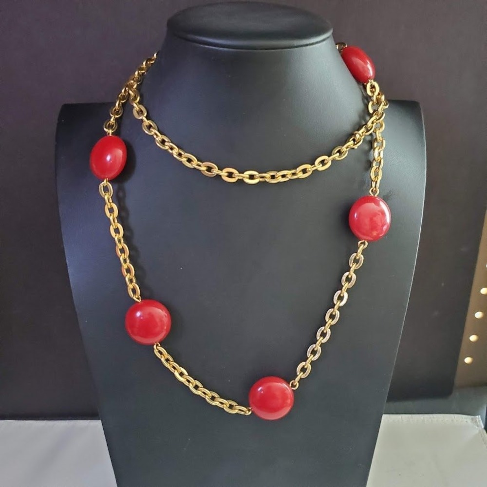 Monet Vintage Gold Tone Chain Necklace with Large Red Lucite Cabochons 80's